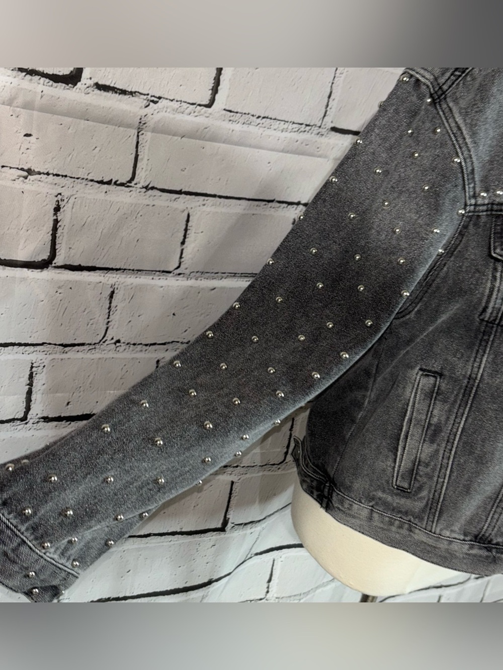 POL Washed Black Studded Oversized Denim Jacket Distressed Size M - Picture 7 of 10